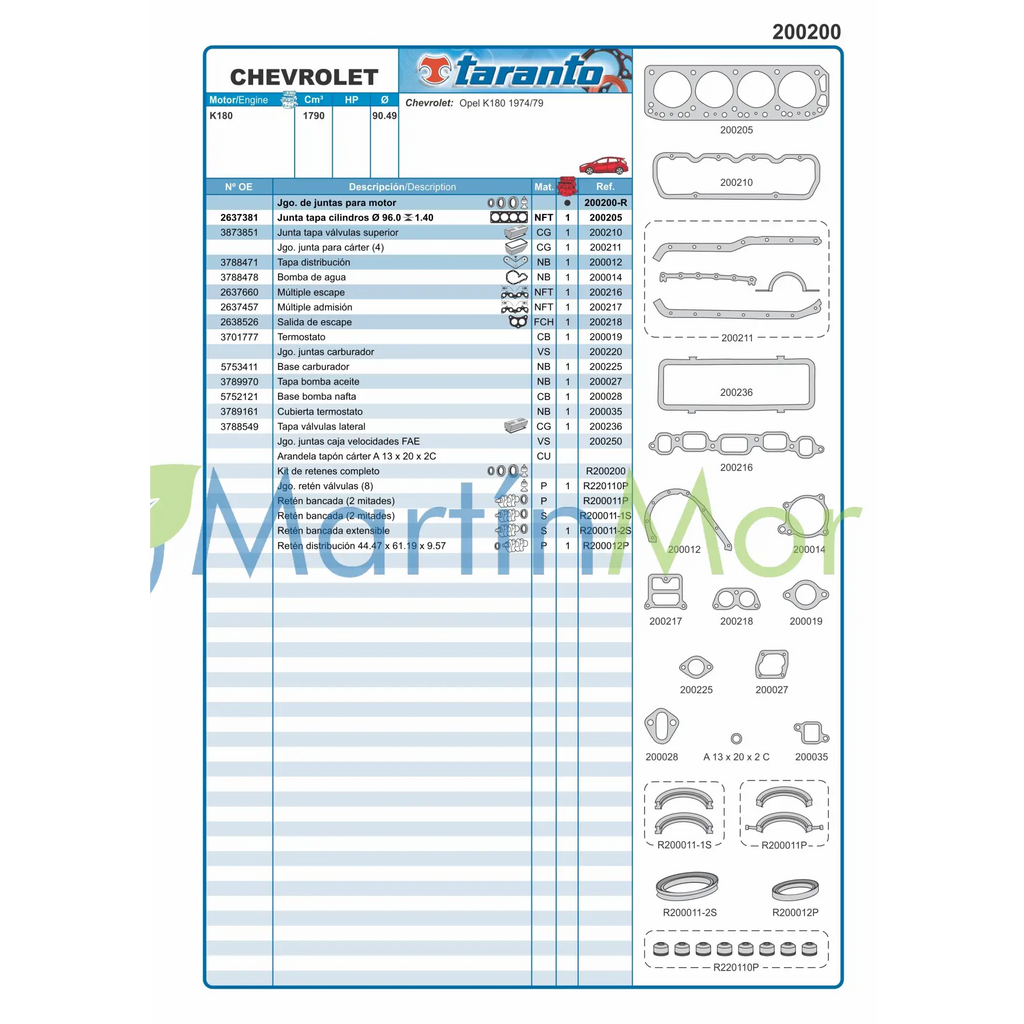Juego de juntas con retenes para Opel K180 1.8 TARANTO