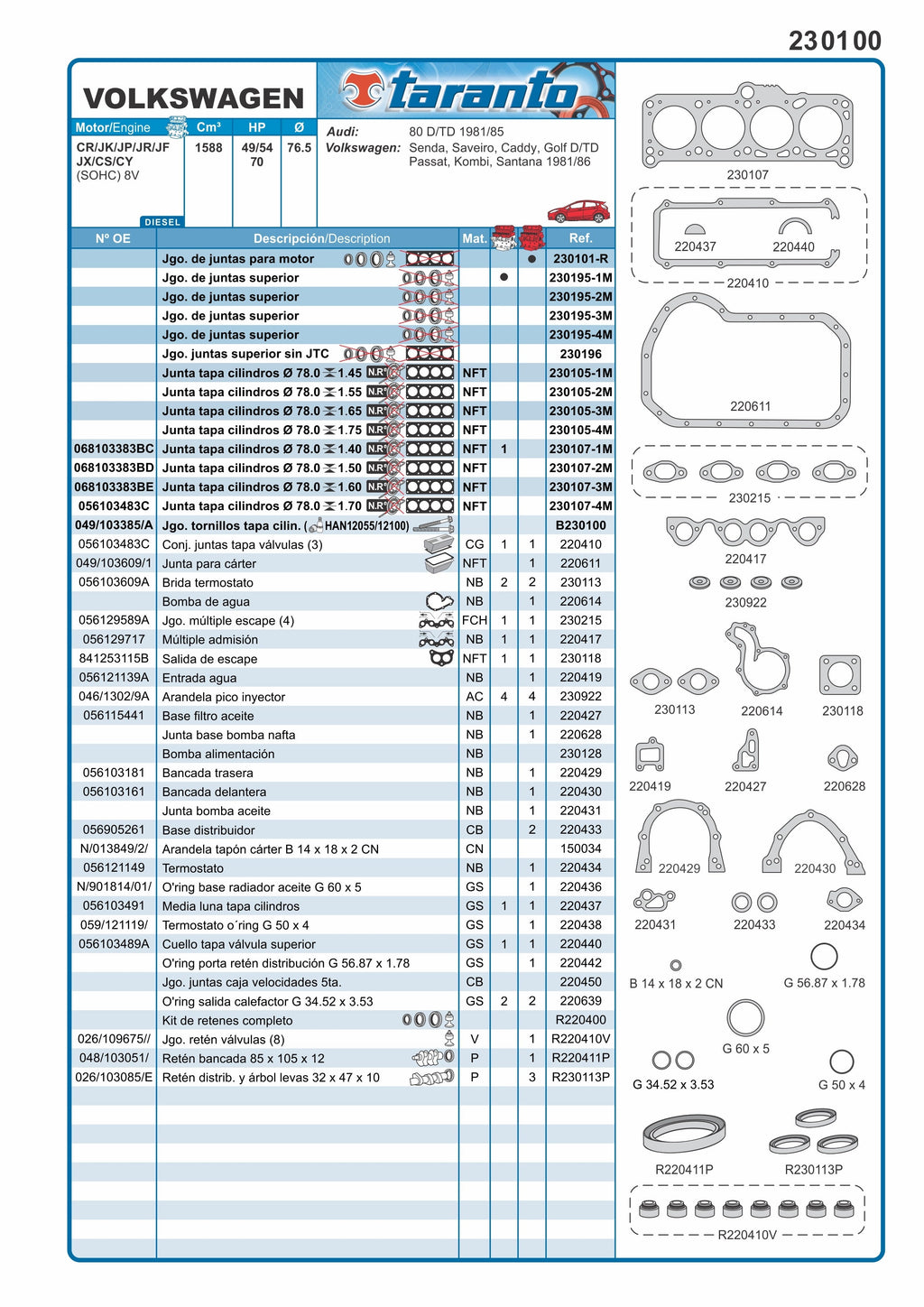 Juego de juntas con retenes Volkswagen senda gol diesel 1.6 TARANTO