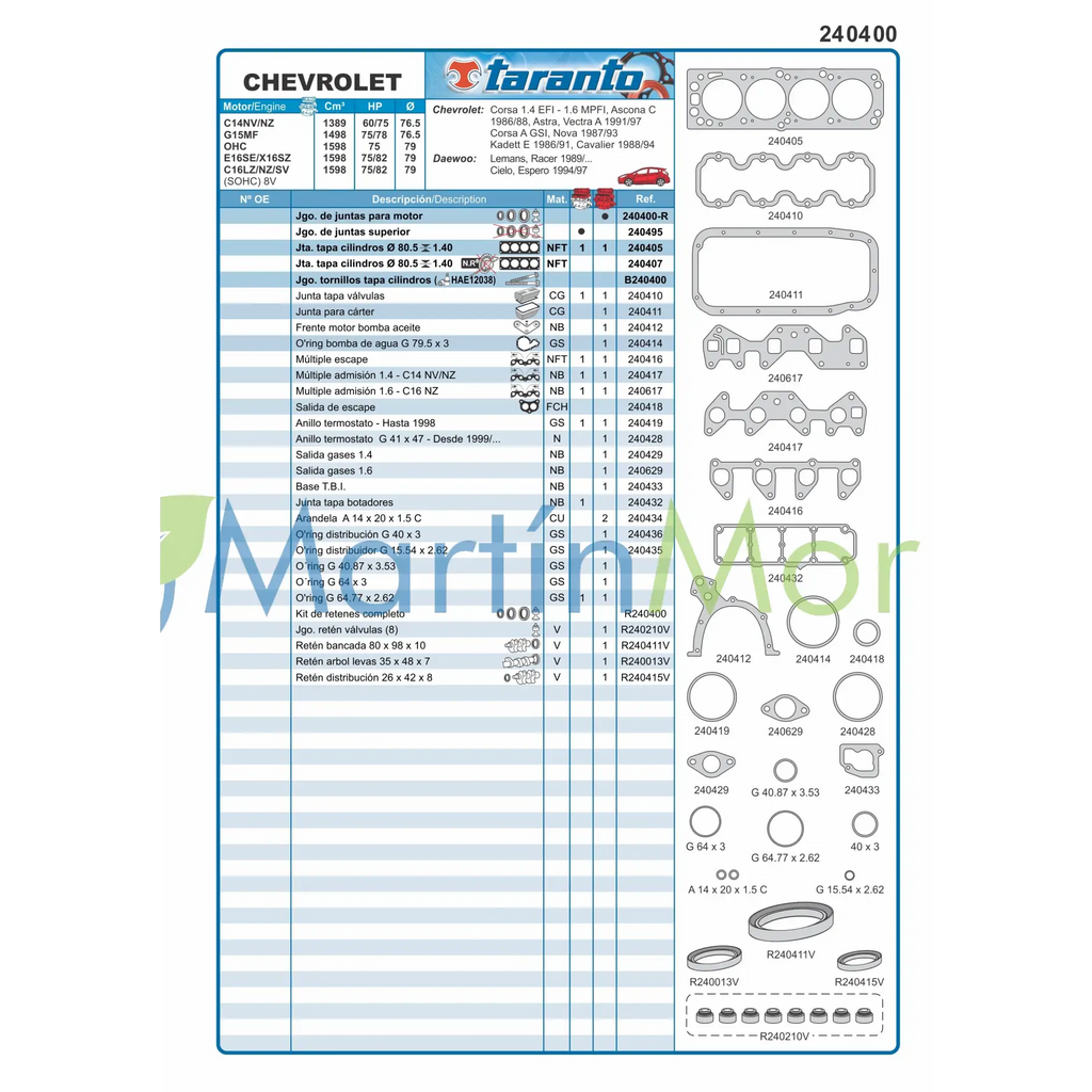 Juego de juntas con retenes para Chevrolet corsa 1.4/1.6 TARANTO
