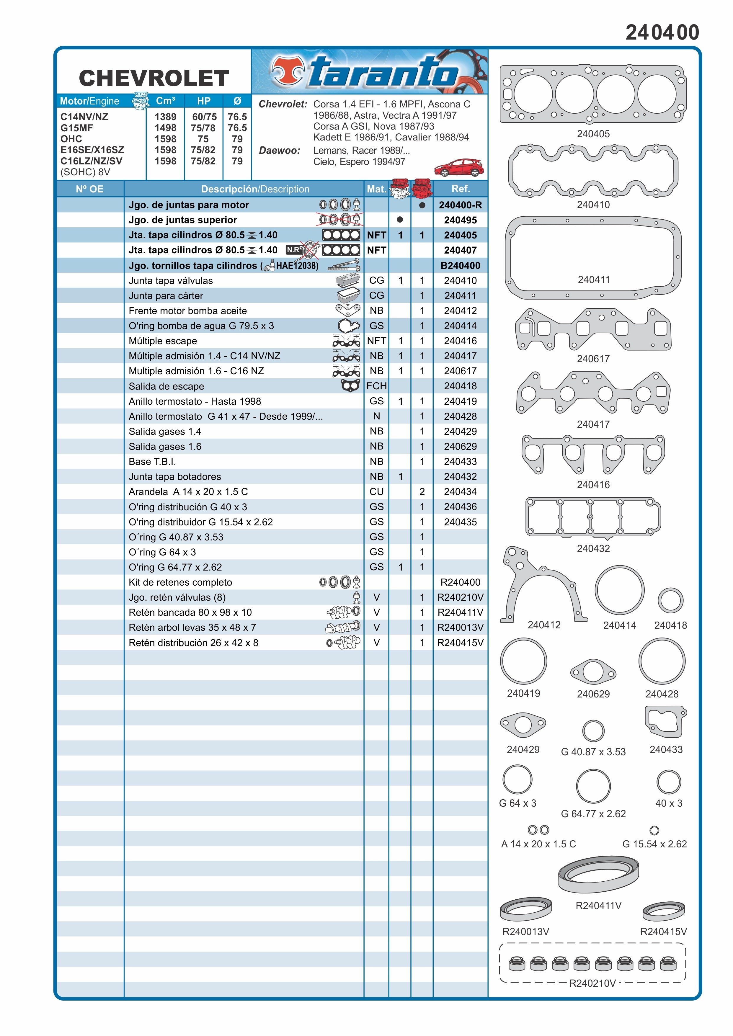 Juego de juntas con retenes para Chevrolet corsa 1.4/1.6 TARANTO