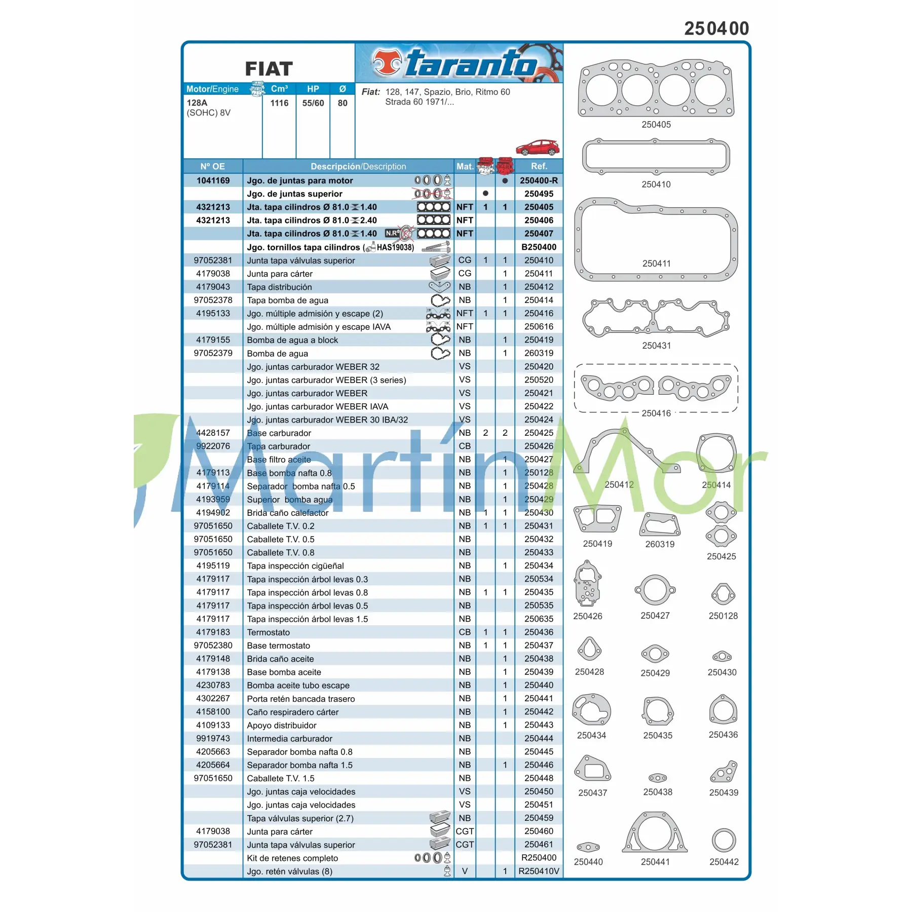 Juego de juntas con retenes para Fiat 128 1.100 TARANTO