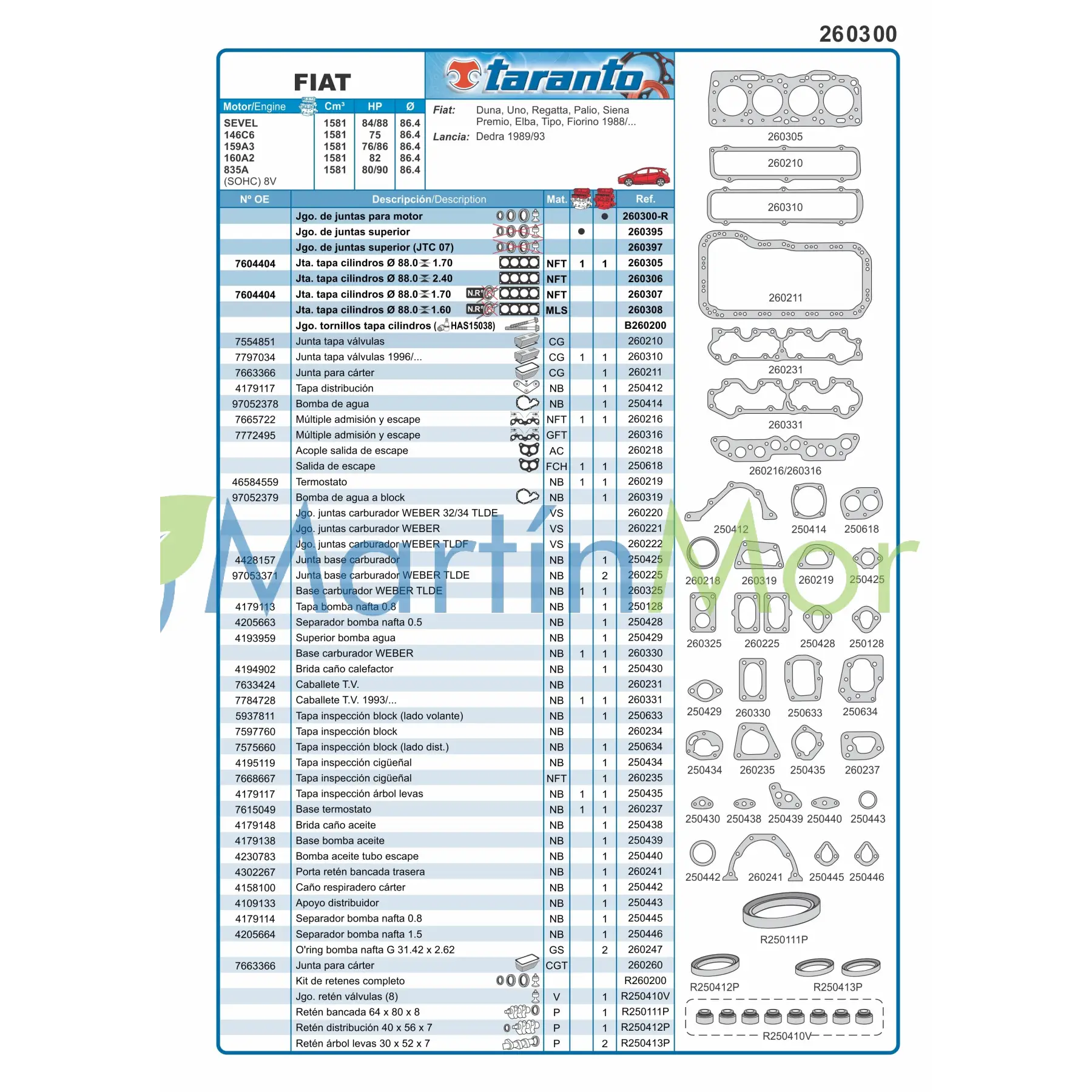 Juego de juntas con retenes para Fiat uno, duna TIPO 1.6 TARANTO