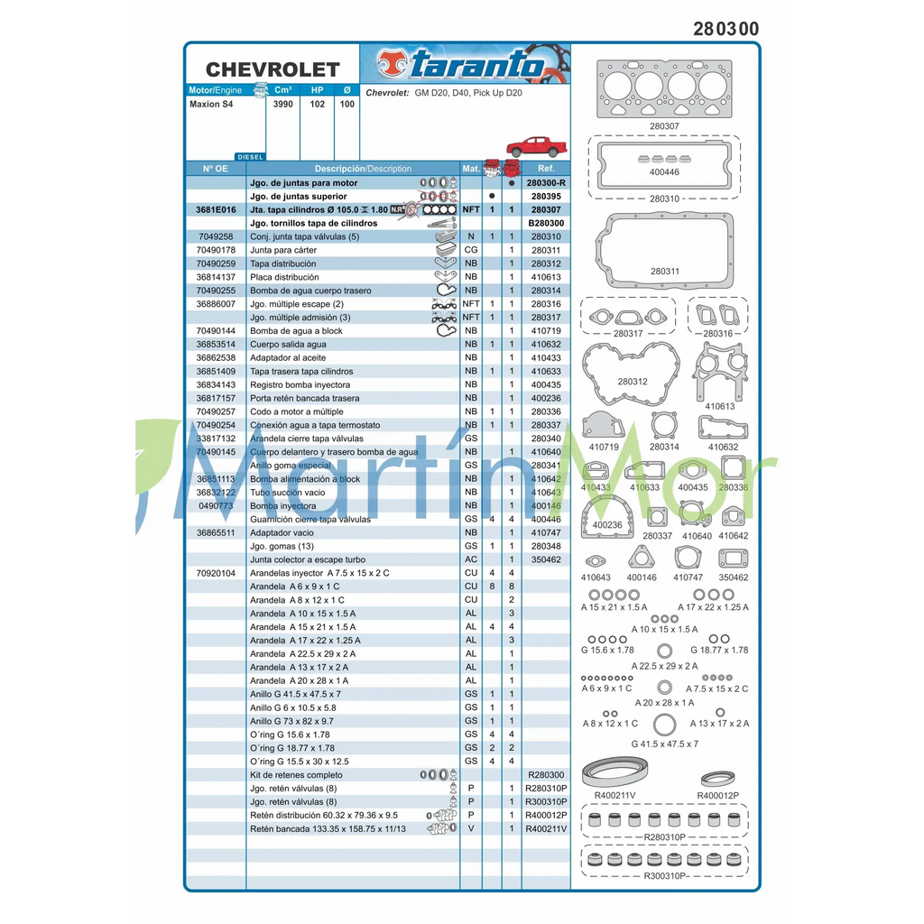 Juego de juntas con retenes para Chevrolet D-20 TURBO TARANTO