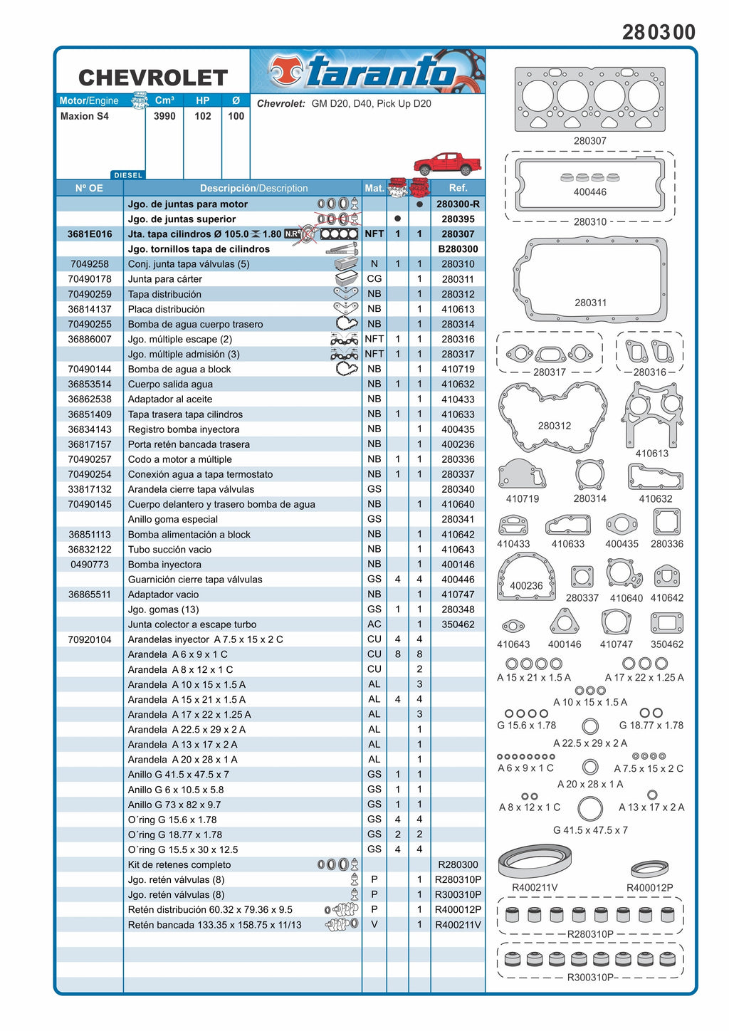 Juego de juntas con retenes para Chevrolet D-20 TURBO TARANTO