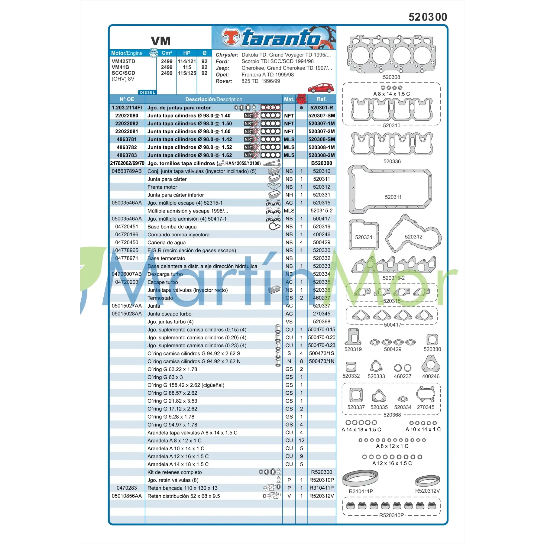 Juego de juntas con retenes para Jeep cherokee 2.5 TD TARANTO