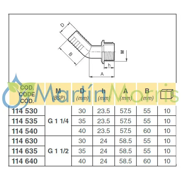Racor curvo 45º con rosca macho (arag)