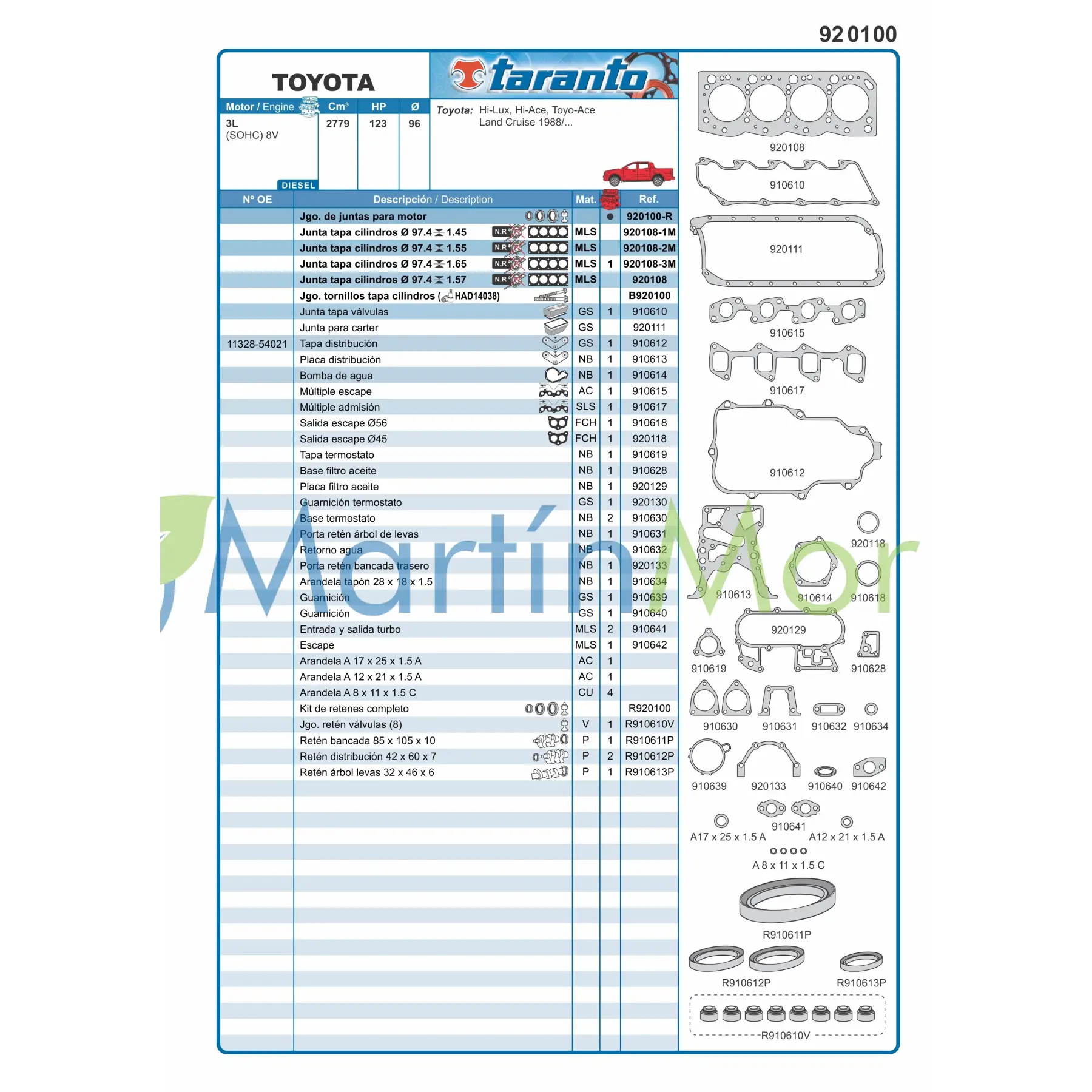 Juego de juntas con retenes para Toyota hillux 2.8 TARANTO