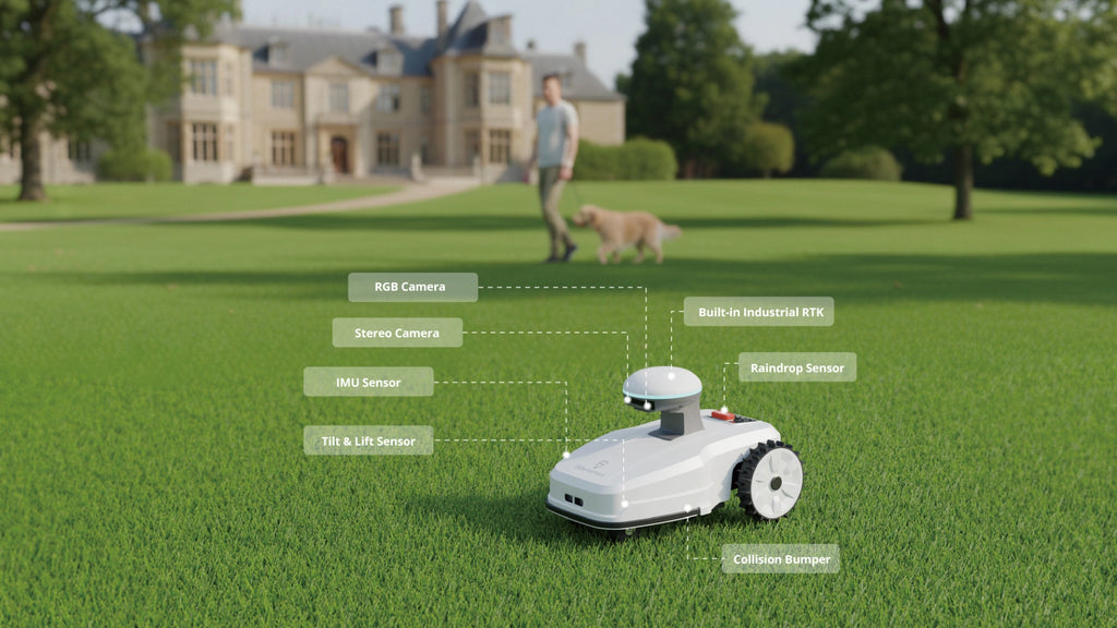 Cortacésped robótico FJD FR4000 de FJ Dynamics con posicionamiento RTK y visión inteligente para jardines y campos deportivos