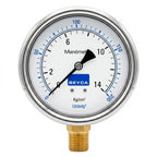Manómetro 100 mm Apto para Baño de Glicerina - Escala 0-14 Kg/cm2 / Rosca Inferior 1/2"
