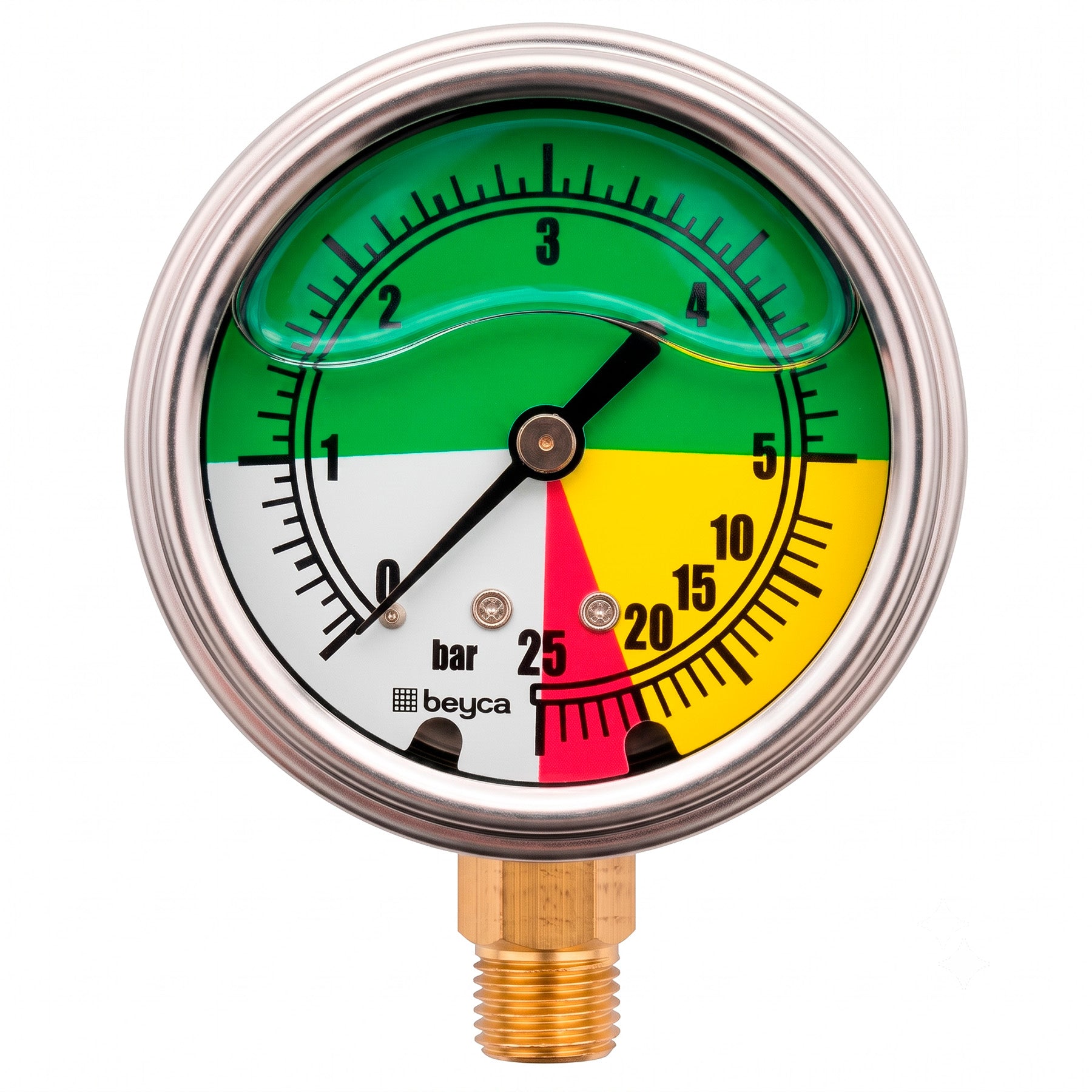 Manómetro 63mm con Baño de Glicerina para Pulverización - Escala de Colores 0-25 bar / Rosca Inferior 1/4"