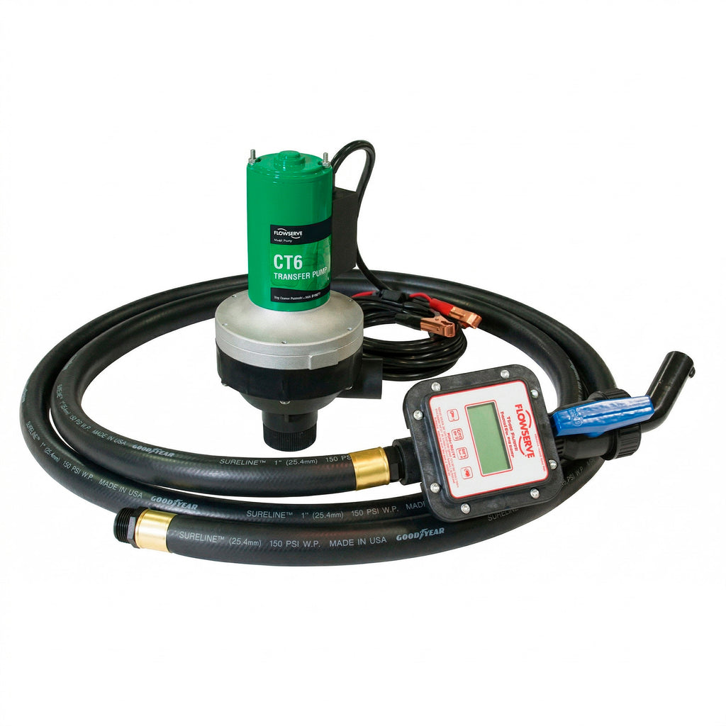 Kit Bomba Flowserve Scienco CT6 12V — 49 LPM — Manguera 1" — Dosificación Agroquímicos a Granel IBC — Origen USA