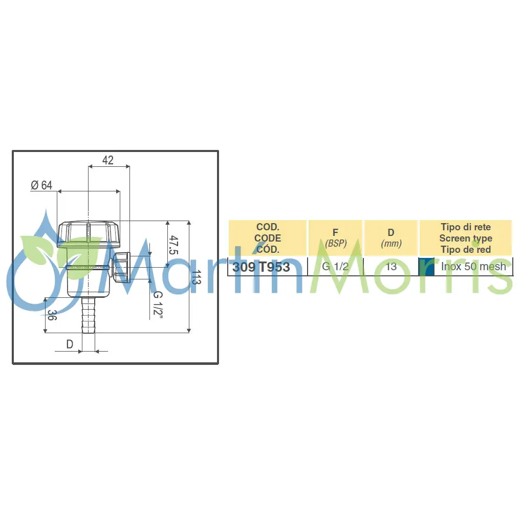 Filtro de Aspiración Mini Tuerca 1/2’’ Oring con Espiga 13 mm y 50 Mesh