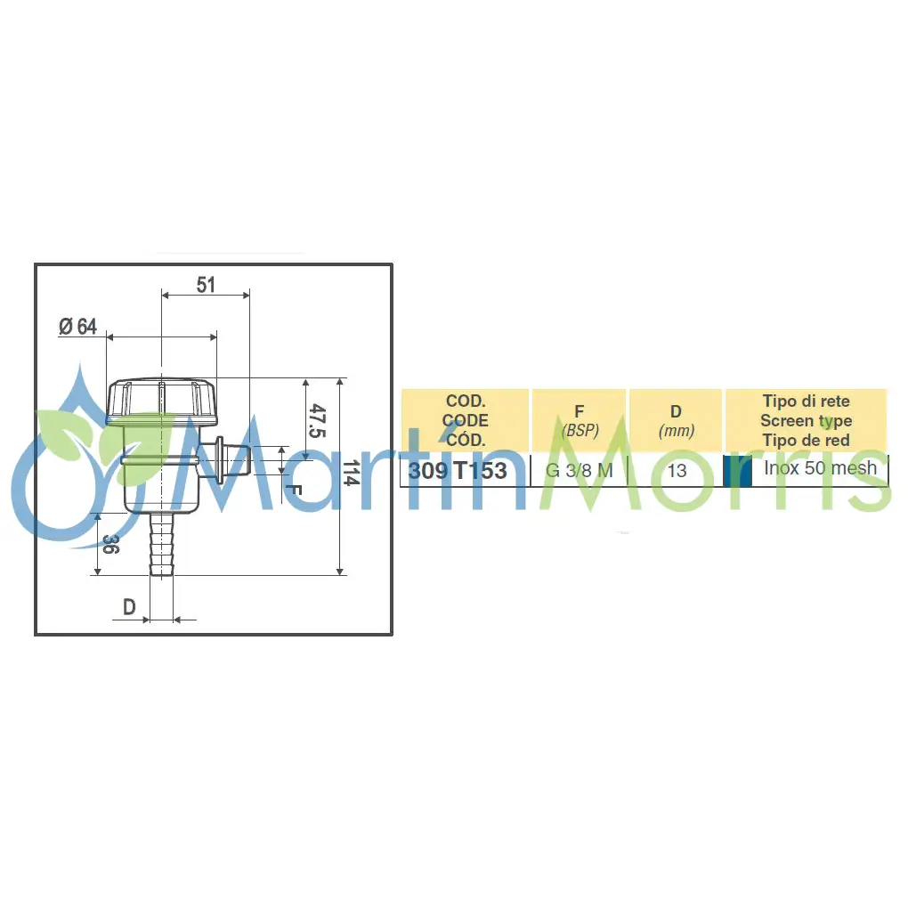 Filtro de Aspiración Rosca 3/8’’ con Espiga de 13mm Maya 50 Mesh