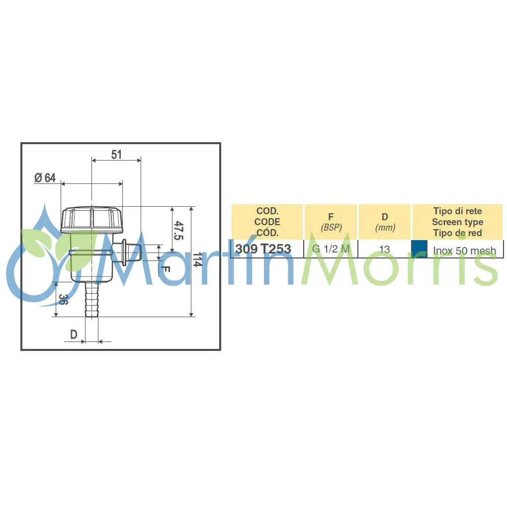 Filtro de Aspiración Mini Rosca Macho 1/2 Espiga 13mm y 50mesh