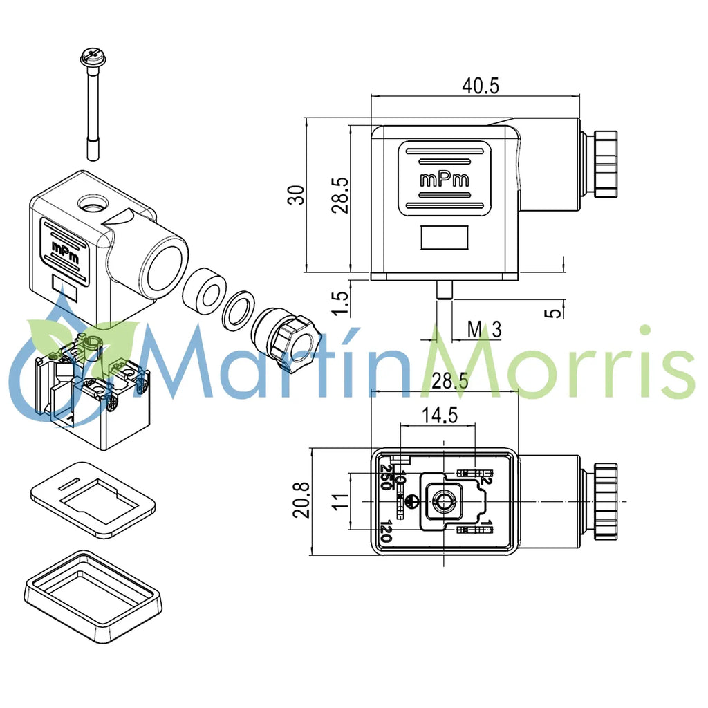 Conector para solenoide neumático de 3 contactos rectangular