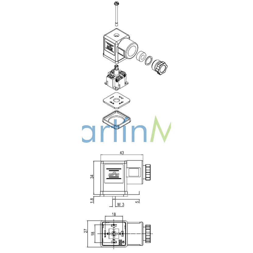 Conector Solenoide 3 Contactos 2 + gnd con Led 24 Volt DC