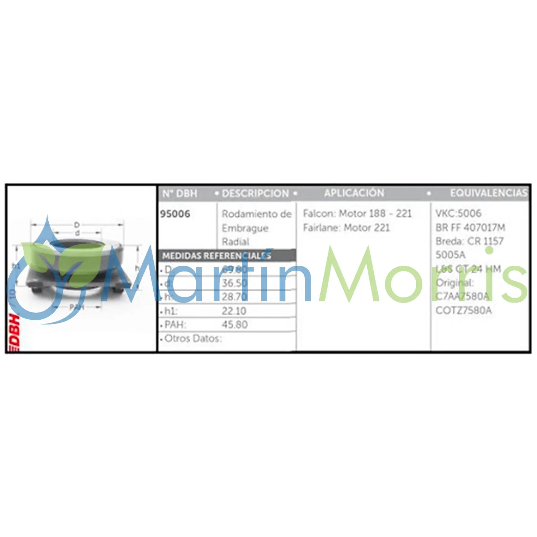 Crapodina DBH Ford Falcon 188 y 221 Fairlane Ranchero medidas 36,50x74x30mm