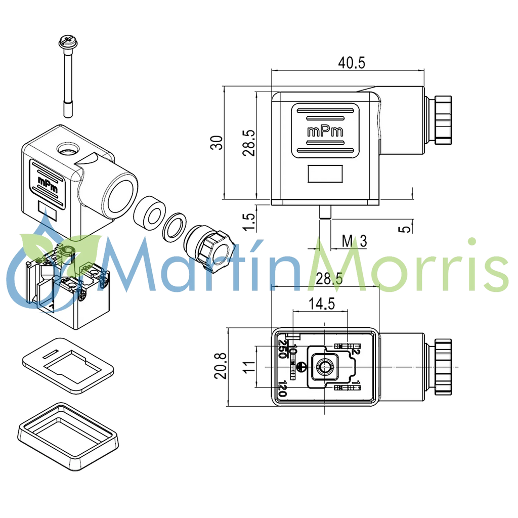 Conector para solenoide neumático de 3 contactos rectangular