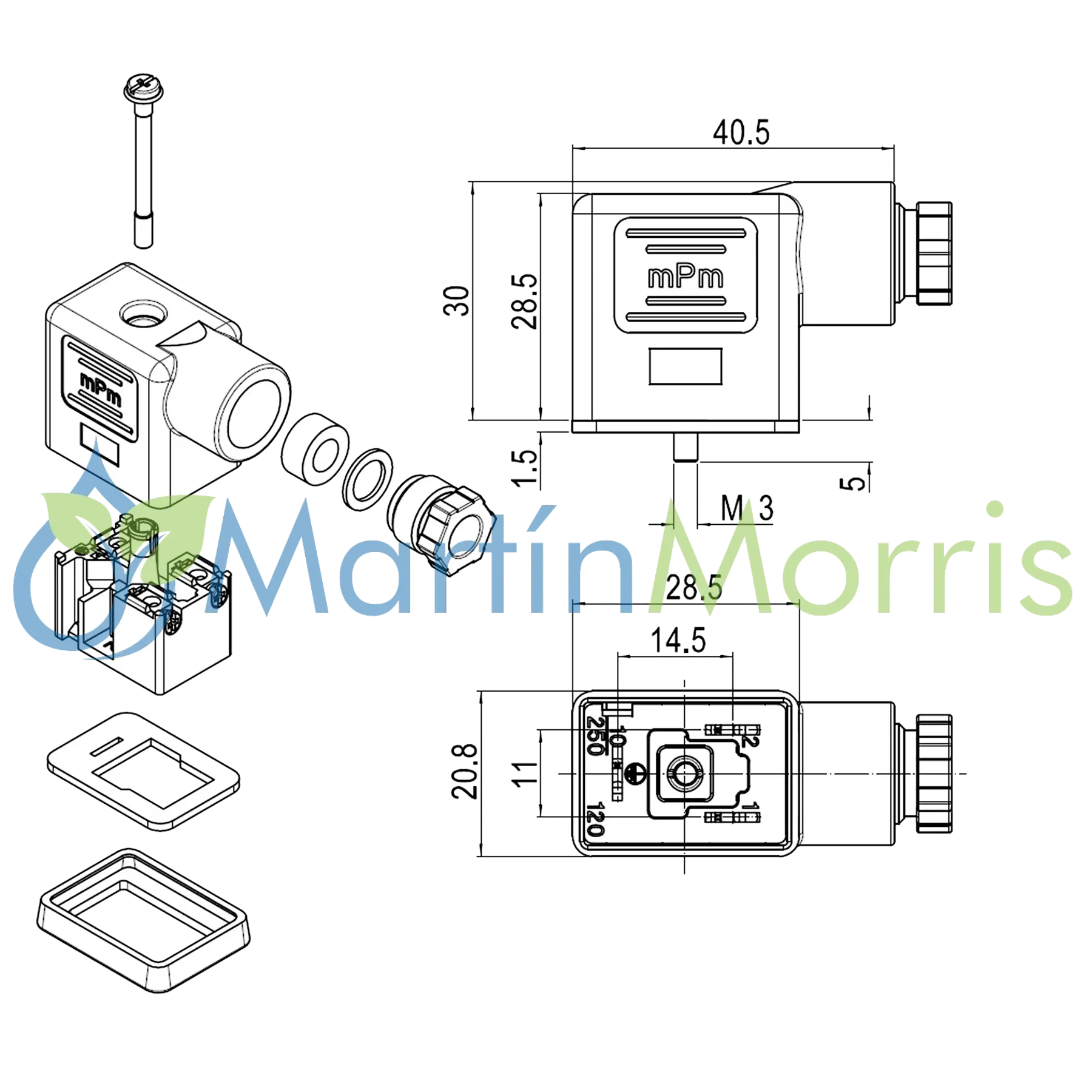 Conector para solenoide neumático de 3 contactos rectangular