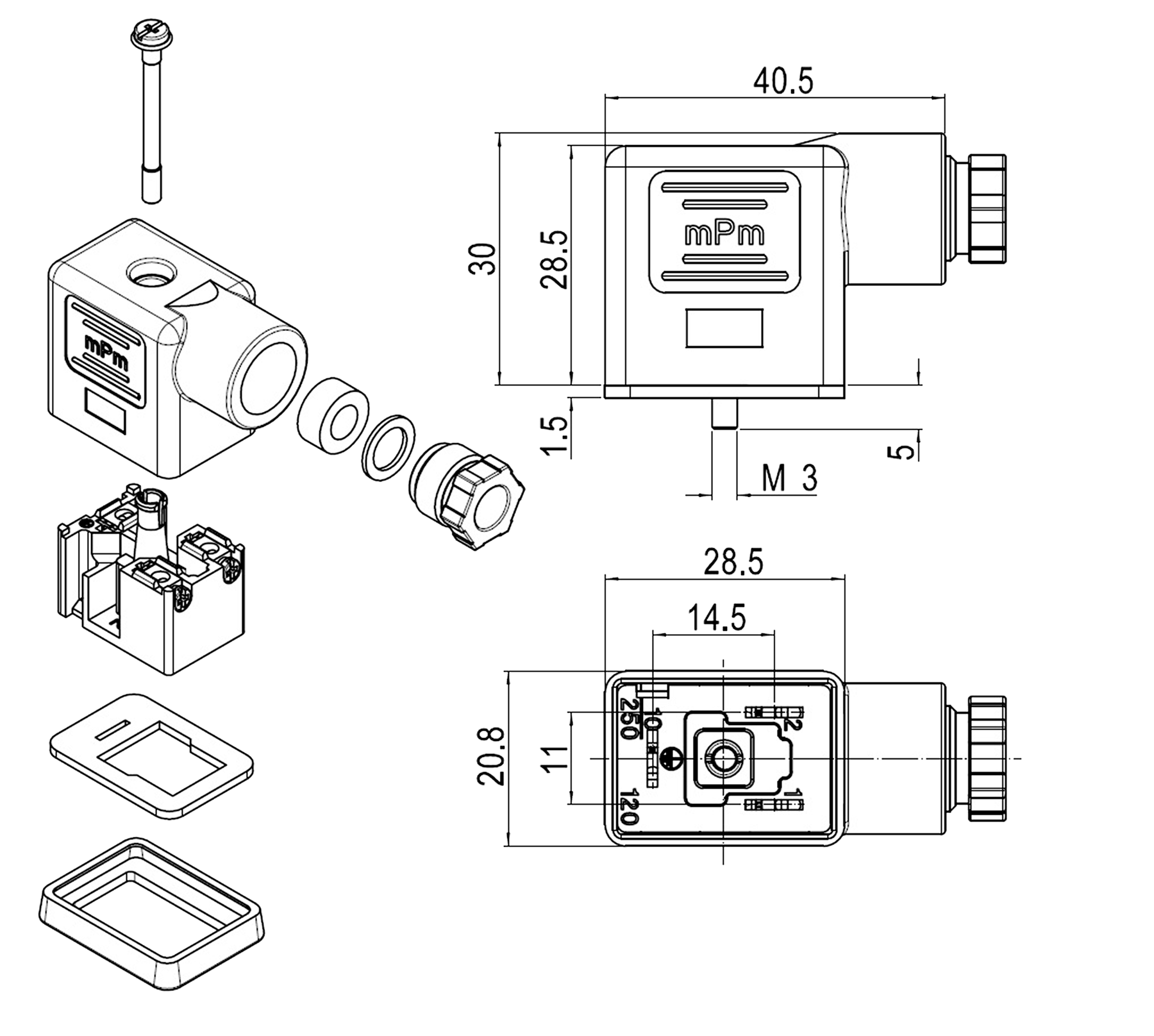 Conector para solenoide neumático de 3 contactos rectangular