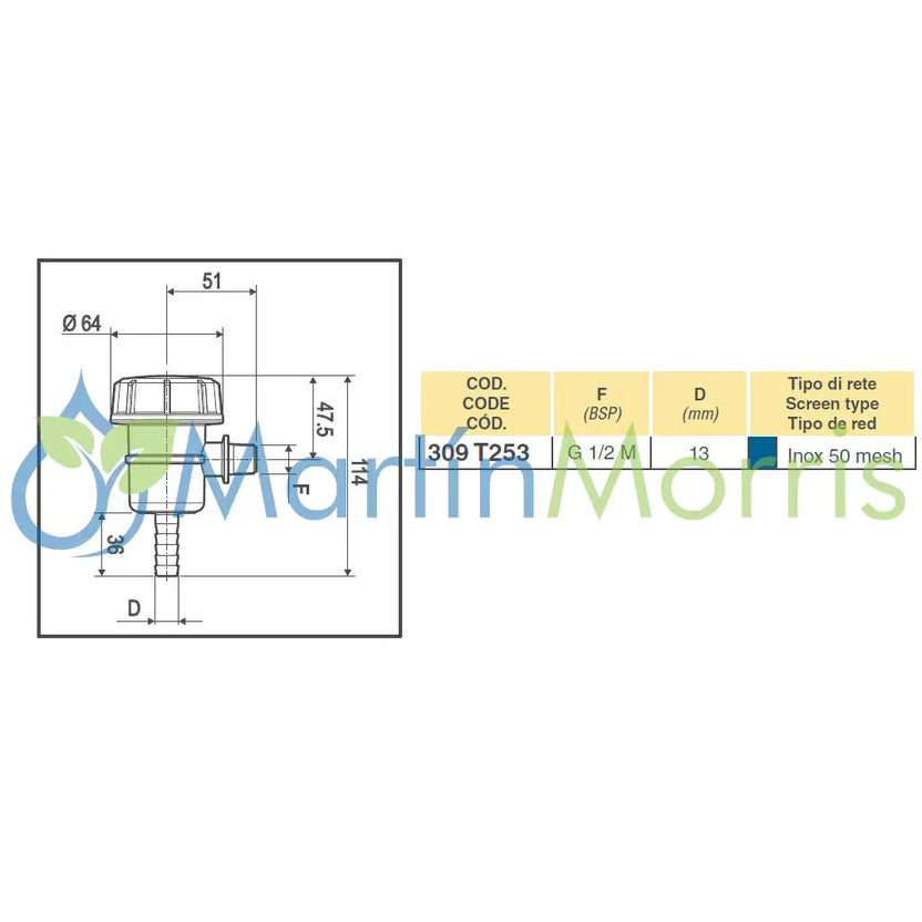 Filtro de Aspiración Mini Rosca Macho 1/2 Espiga 13mm y 50mesh