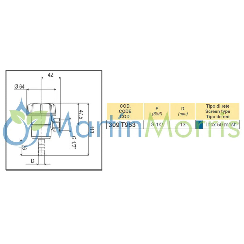 Filtro de Aspiración Mini Tuerca 1/2’’ Oring con Espiga 13 mm y 50 Mesh