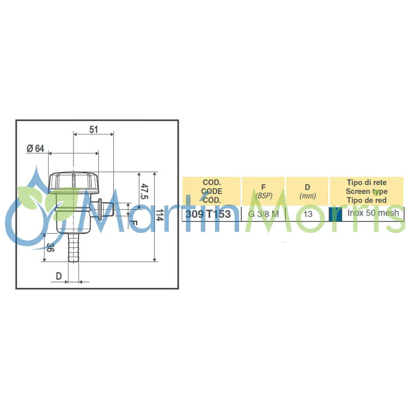 Filtro de Aspiración Rosca 3/8’’ con Espiga de 13mm Maya 50 Mesh