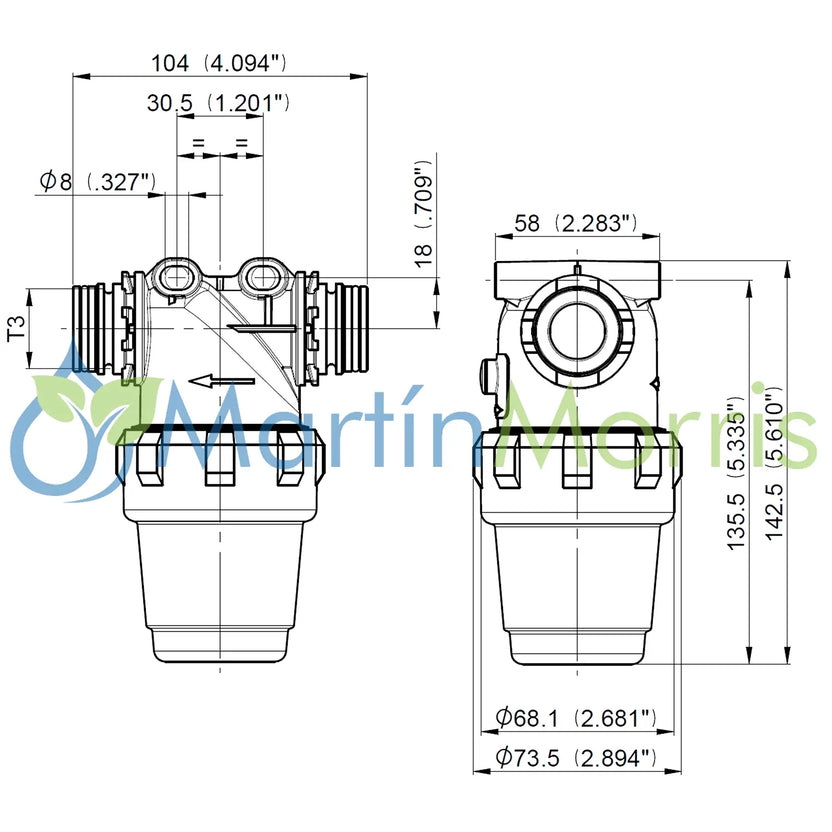 Filtro de Linea ARAG 322 Conexión T3 Macho Tamiz 50 80 100 Mesh