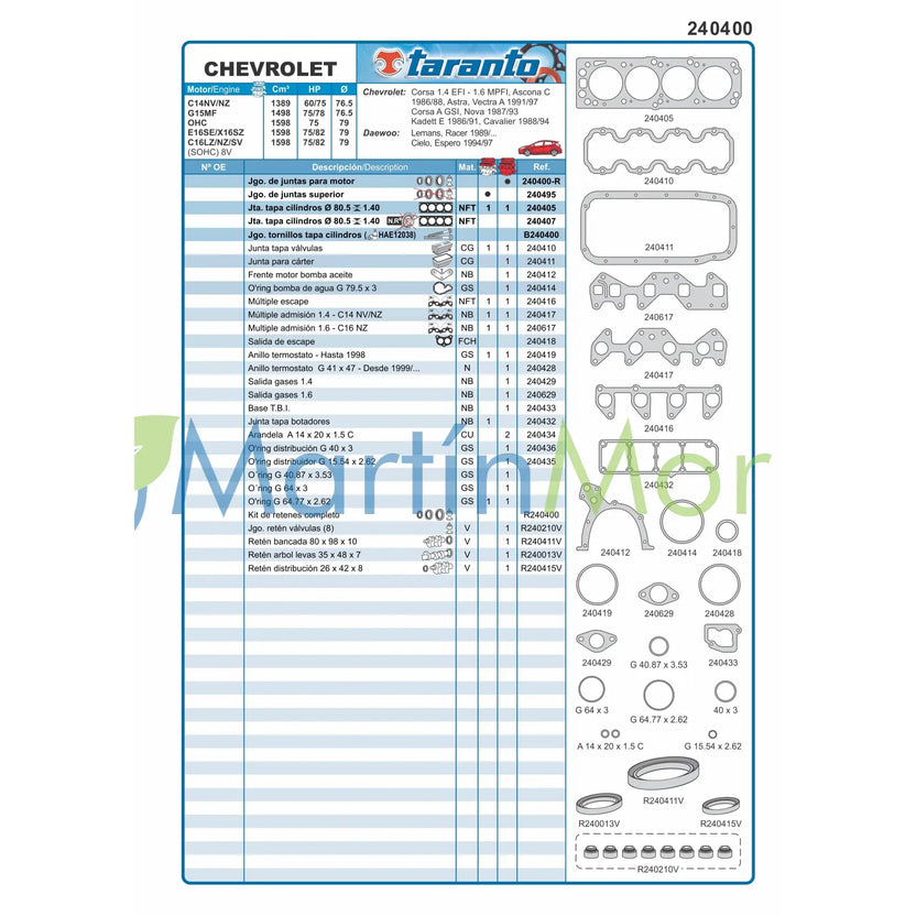 Juego de juntas con retenes para Chevrolet corsa 1.4/1.6 TARANTO