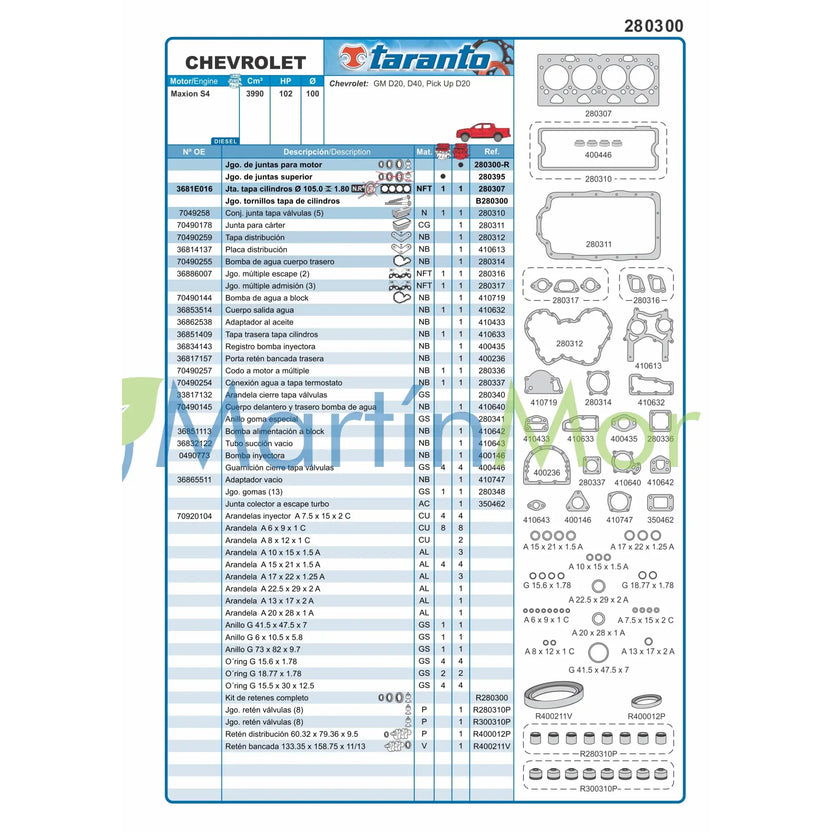 Juego de juntas con retenes para Chevrolet D-20 TURBO TARANTO