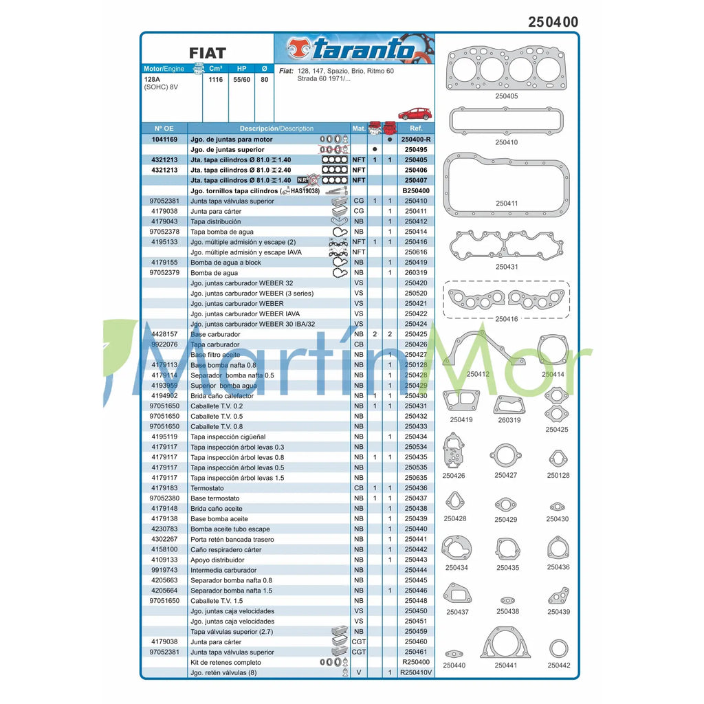 Juego de juntas con retenes para Fiat 128 1.100 TARANTO