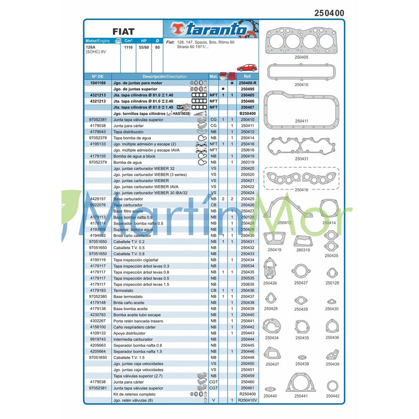 Juego de juntas con retenes para Fiat 128 1.100 TARANTO