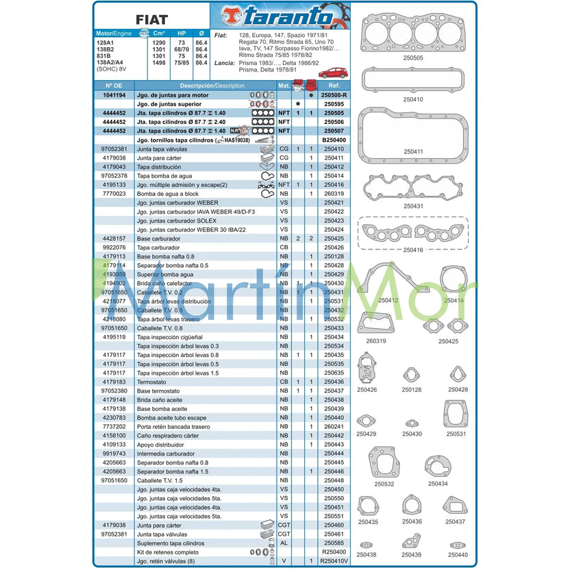 Juego de juntas con retenes para Fiat 128 Regatta 1.500 TARANTO