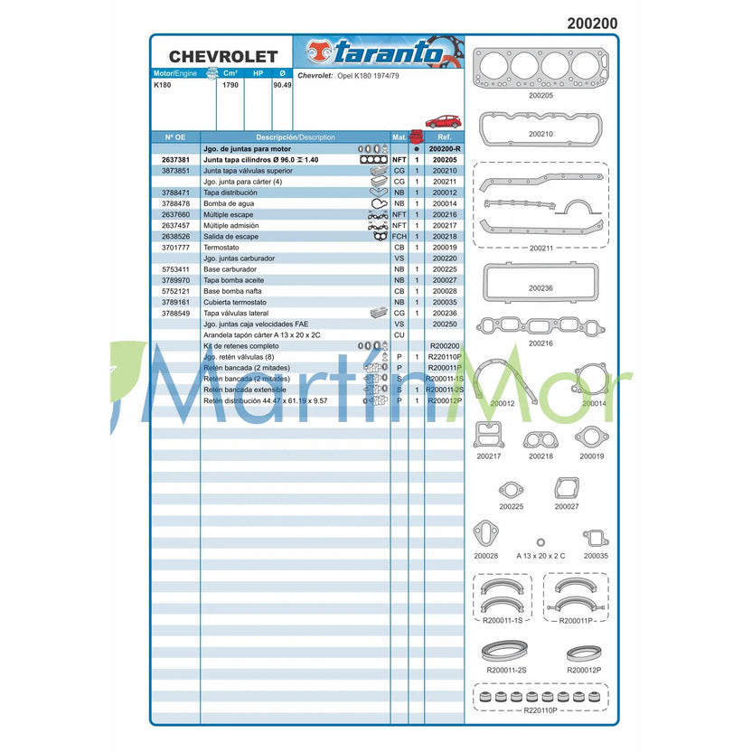 Juego de juntas con retenes para Opel K180 1.8 TARANTO