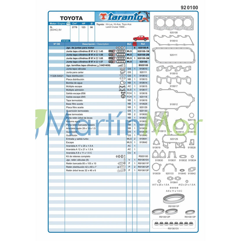 Juego de juntas con retenes para Toyota hillux 2.8 TARANTO
