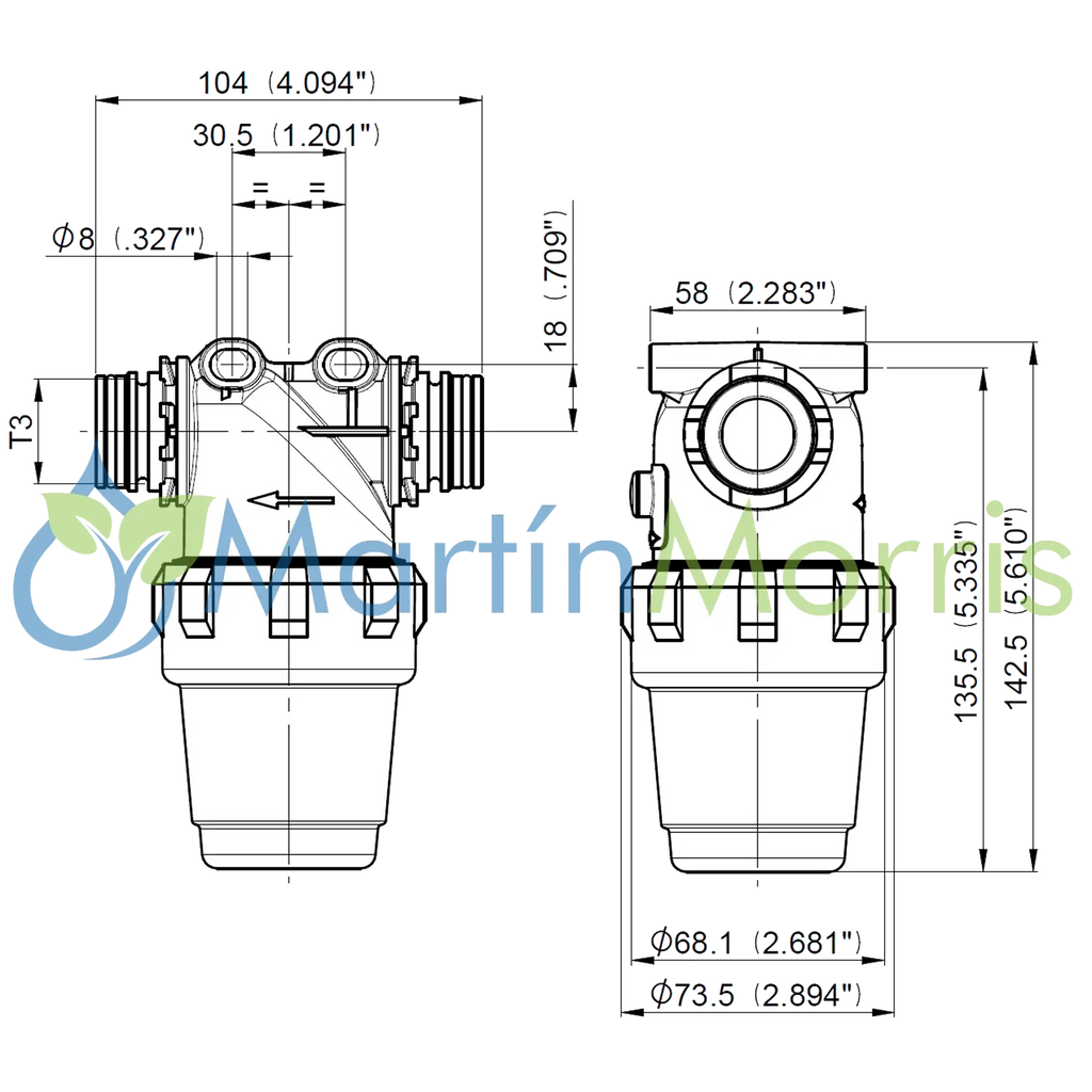 Filtro de Linea ARAG 322 Conexión T3 Macho Tamiz 50, 80, 100 Mesh