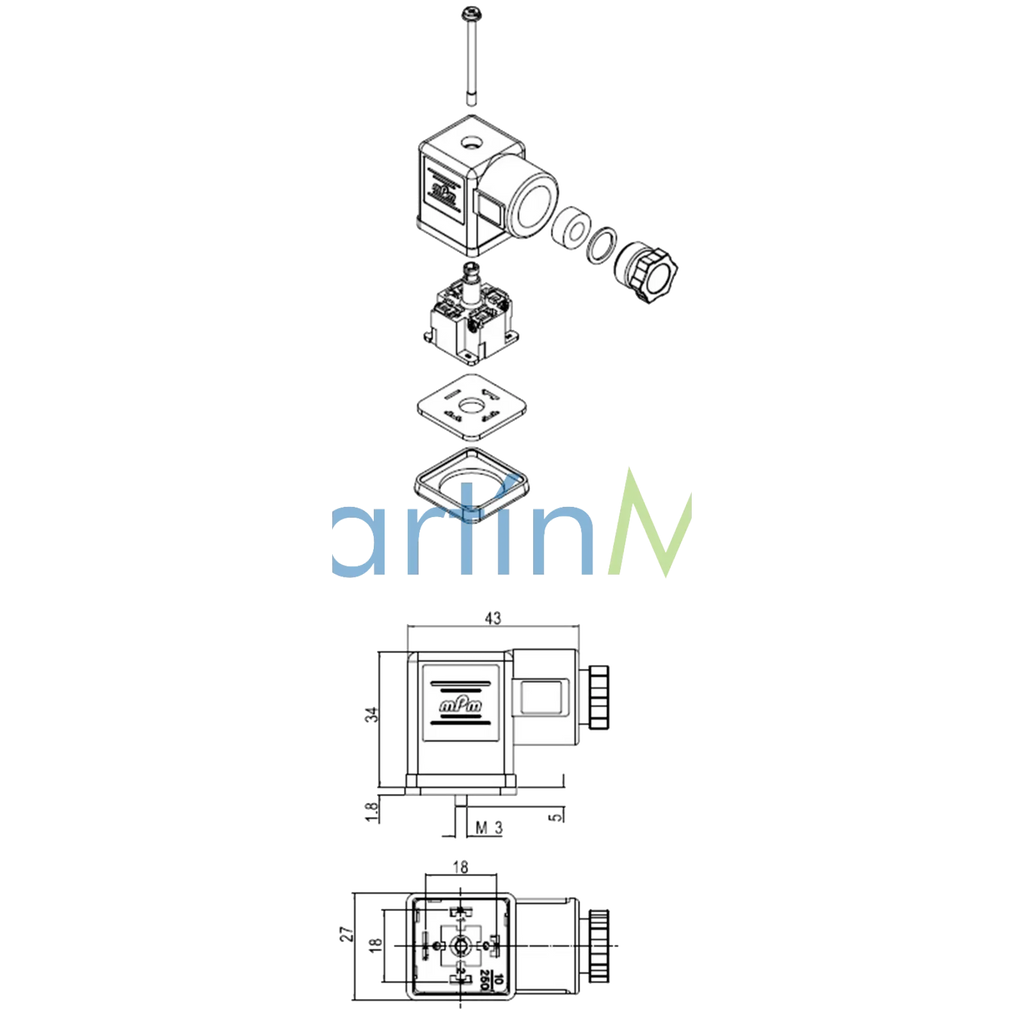Conector Solenoide 3 Contactos 2 + gnd con Led 24 Volt DC
