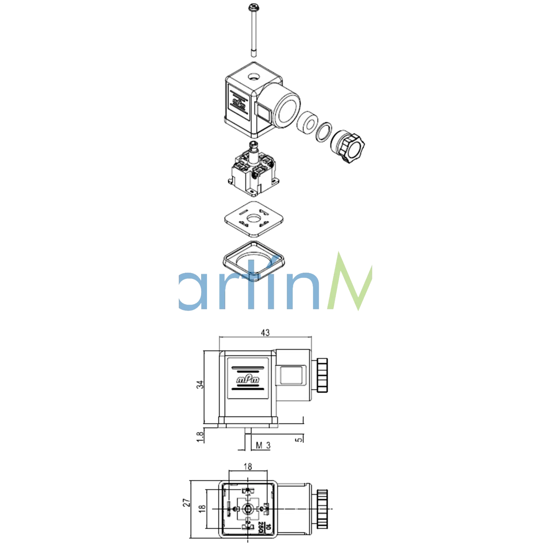 Conector Solenoide 3 Contactos 2 + gnd con Led 24 Volt DC