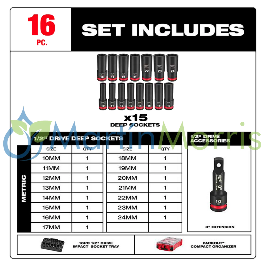 Milwaukee 49-66-6803 Kit Tubos de Impacto 1/2" Milimetricos 16 Piezas