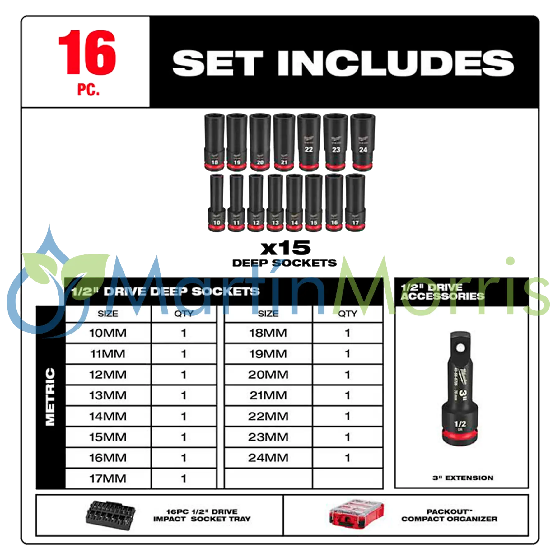 Milwaukee 49-66-6803 Kit Tubos de Impacto 1/2" Milimetricos 16 Piezas