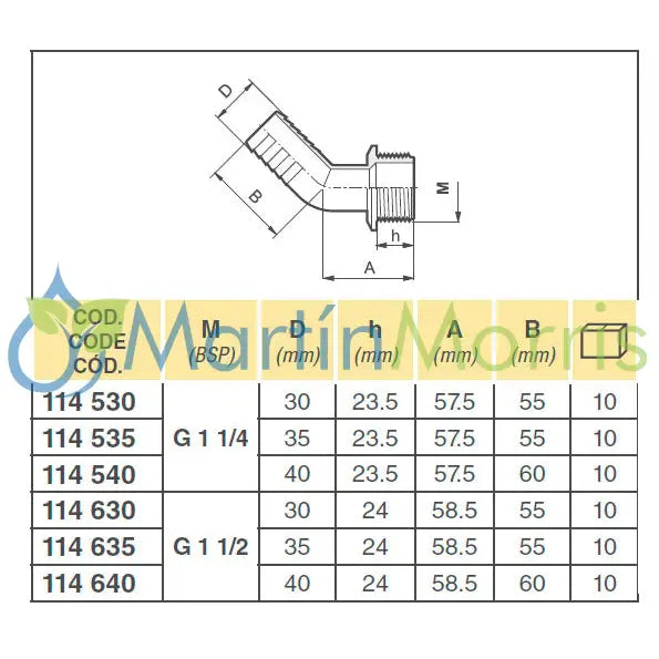 Racor curvo 45º con rosca macho (arag)