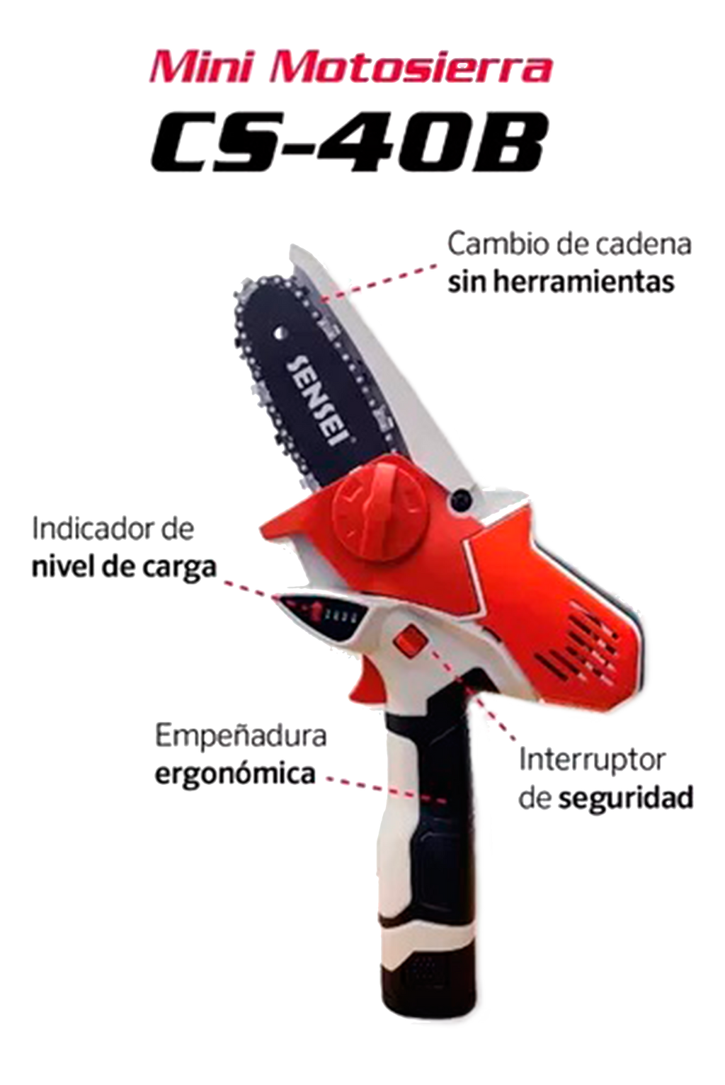Sensei CS-40B Mini Motosierra Recargable a Batería Inalámbrica