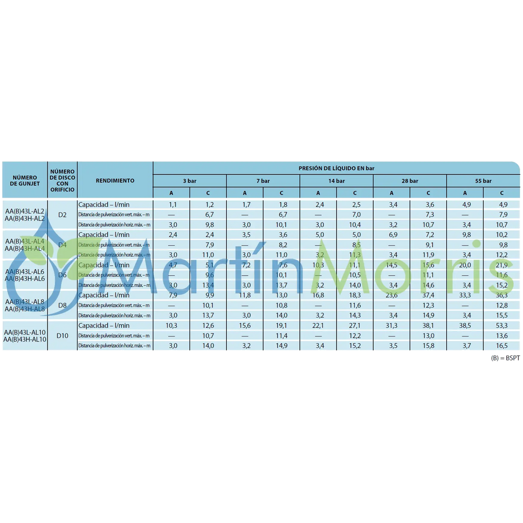 Teejet AA43L lanza pulverización hasta 14 bar