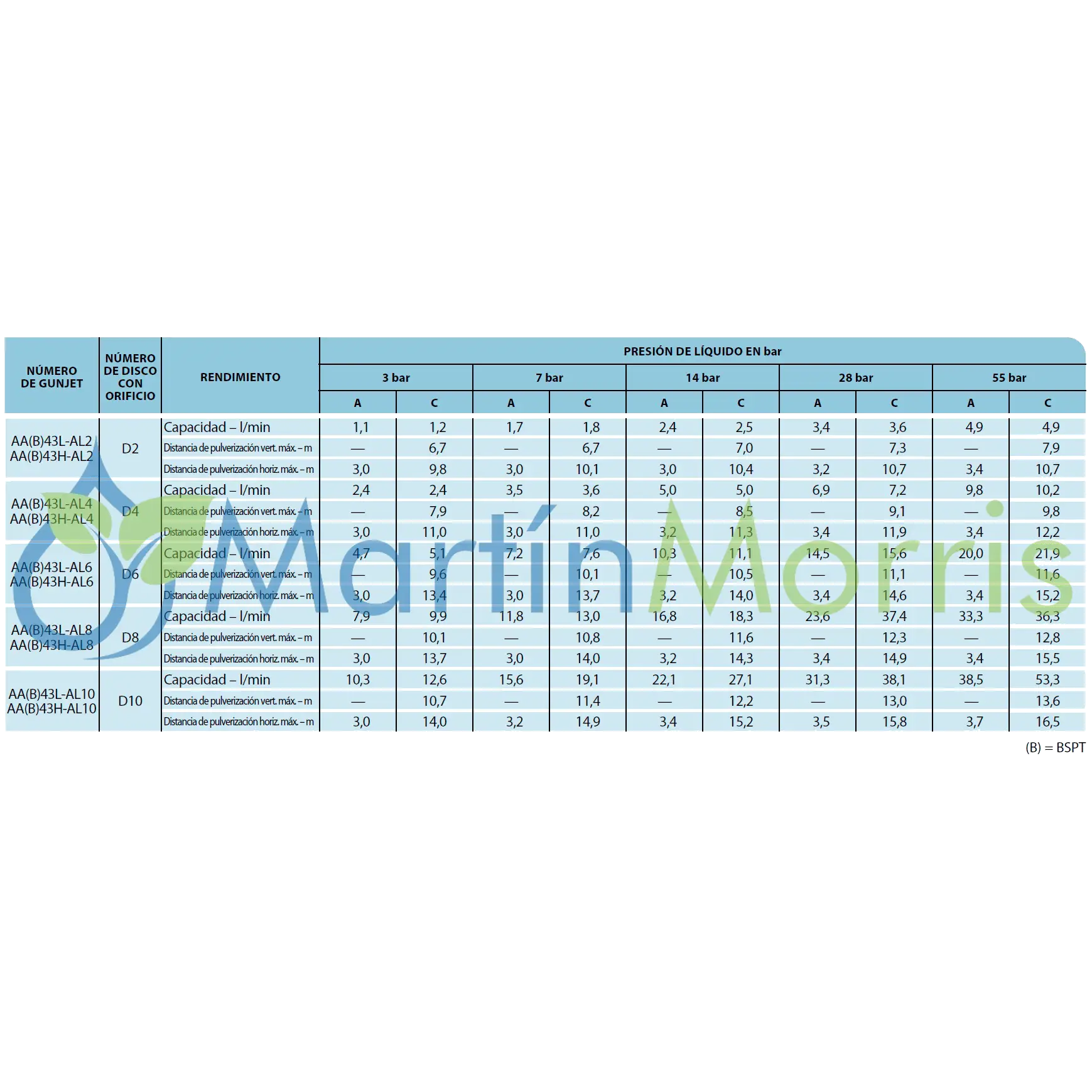 Teejet AA43L lanza pulverización hasta 14 bar