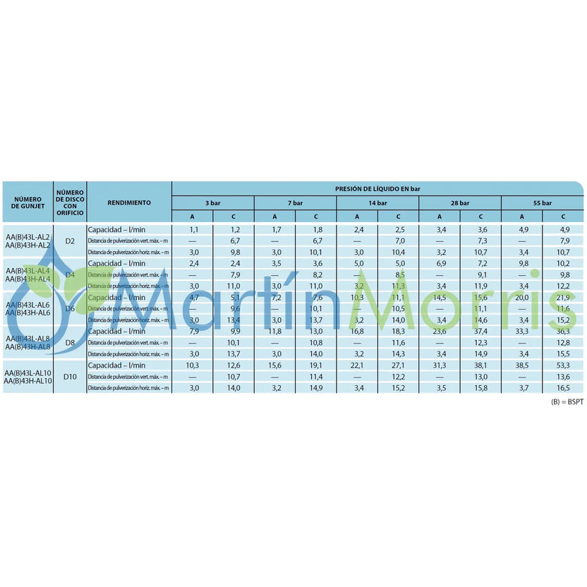 Teejet AA43L lanza pulverización hasta 14 bar