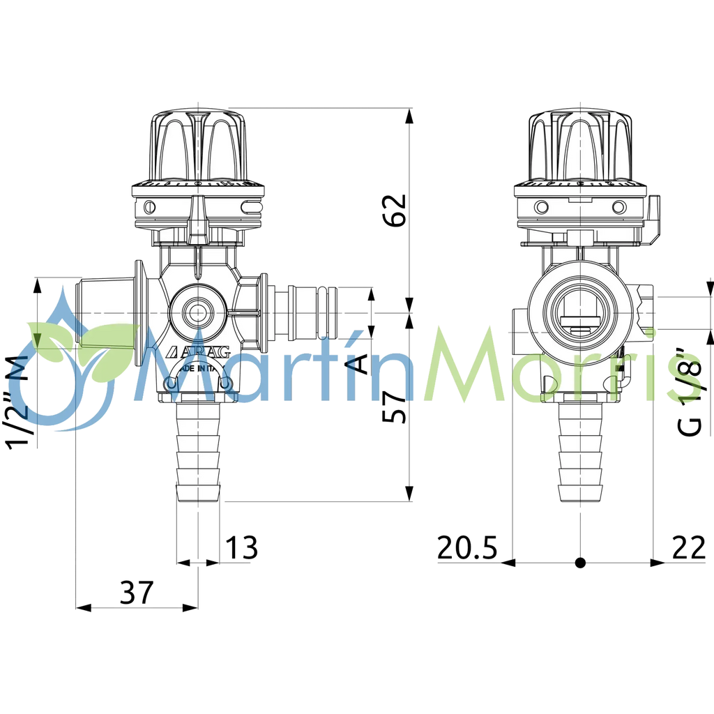 Válvula Reguladora De Presión Rosca M 1/2" - 3D Tuerca Espiga 13mm Caudal 20 L/Min.