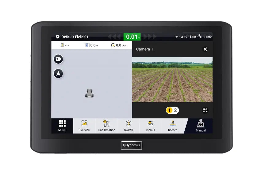Imagen de la cámara Wi-Fi FJD en el monitor de autoguía de FJ Dynamics para supervisar implementos desde la cabina